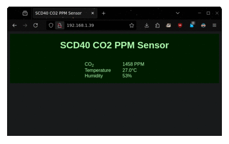 Animation of a web page with CO2PPM, temperature, and humidity values and the CO2PPM value updates every few seconds